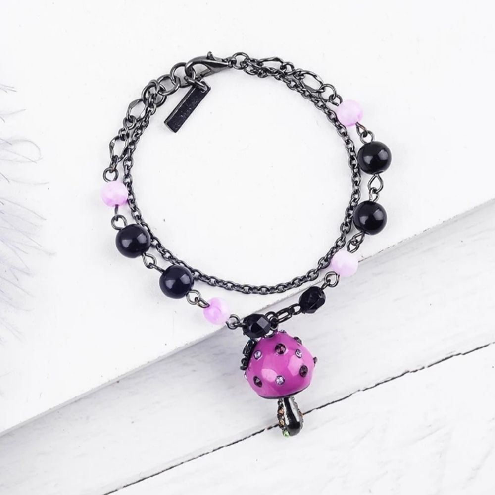 Anna Sui Purple & Black Mushroom Beaded Crystal Bracelet Bangle Link Chain